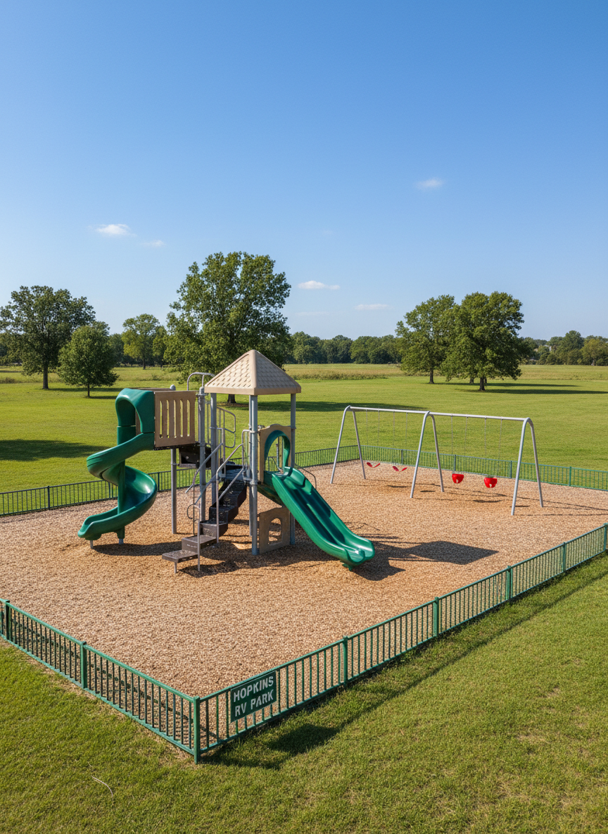 A small playground at Hopkins RV Park featuring a modern play structure with a green slide, tan climbing platforms, and sturdy metal support posts, set on a bed of light-colored mulch. A couple of simple swing sets stand nearby, their chains and seats neatly aligned and unused. Beyond the fenced play area, open grassy fields and scattered trees hint at the park’s expansive 27-acre East Texas setting. Captured in clear midday light with photographic realism, the colors appear bright but natural, and shadows fall crisply across the mulch. The composition is slightly elevated to show the full playground layout, conveying a family-friendly yet quiet and orderly atmosphere, with no children or people present.