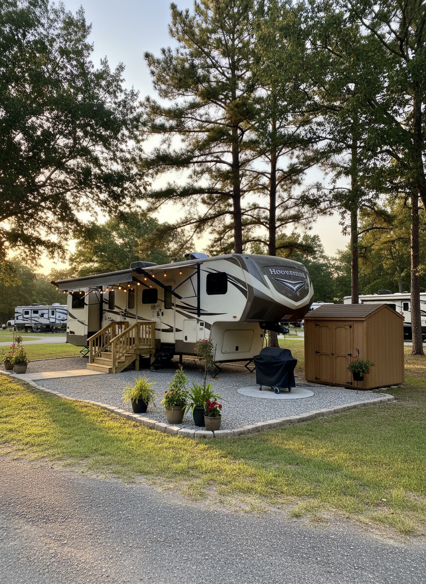 A long-term RV site at Hopkins RV Park arranged for extended stays, showing a large fifth-wheel parked on a level gravel pad with a more permanent feel. A wooden step platform leads to the RV door, and an organized outdoor area includes a small storage shed, a grill on a concrete pad, and potted plants along the edge, all within a tidy, clearly defined site boundary. Surrounding the site are mature trees and open grassy lanes that hint at neighboring long-term sites without feeling crowded. Captured in warm, late-afternoon East Texas light with photographic realism, the composition uses a three-quarter angle to showcase both the RV and outdoor living space, creating a stable, comfortable, residential mood with no people visible.