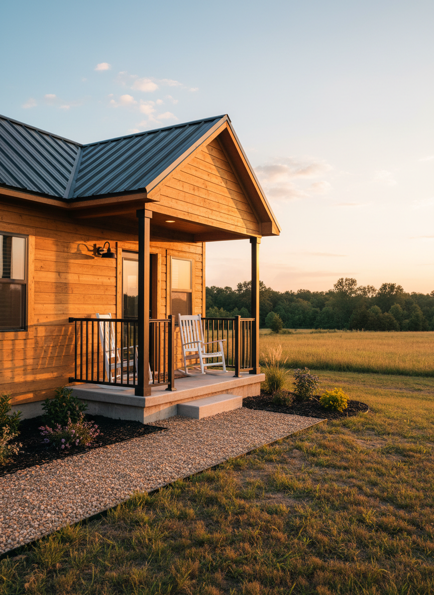 A charming tiny housing rental at Hopkins RV Park, depicted as a compact, modern tiny home with wood siding in natural, honey-toned planks and a dark metal roof. A small covered front porch with simple railings, a couple of empty rocking chairs, and a welcome mat sits above a neat concrete step. The tiny home is positioned on a manicured gravel pad, bordered by low native landscaping and open grassy fields reaching toward distant treelines. Captured during golden hour with soft, warm sunlight grazing the siding, the image uses photographic realism and a slightly low angle to emphasize the structure’s coziness and character. The mood is tranquil and inviting, ideal for guests seeking a quiet East Texas countryside retreat, with no people in sight.