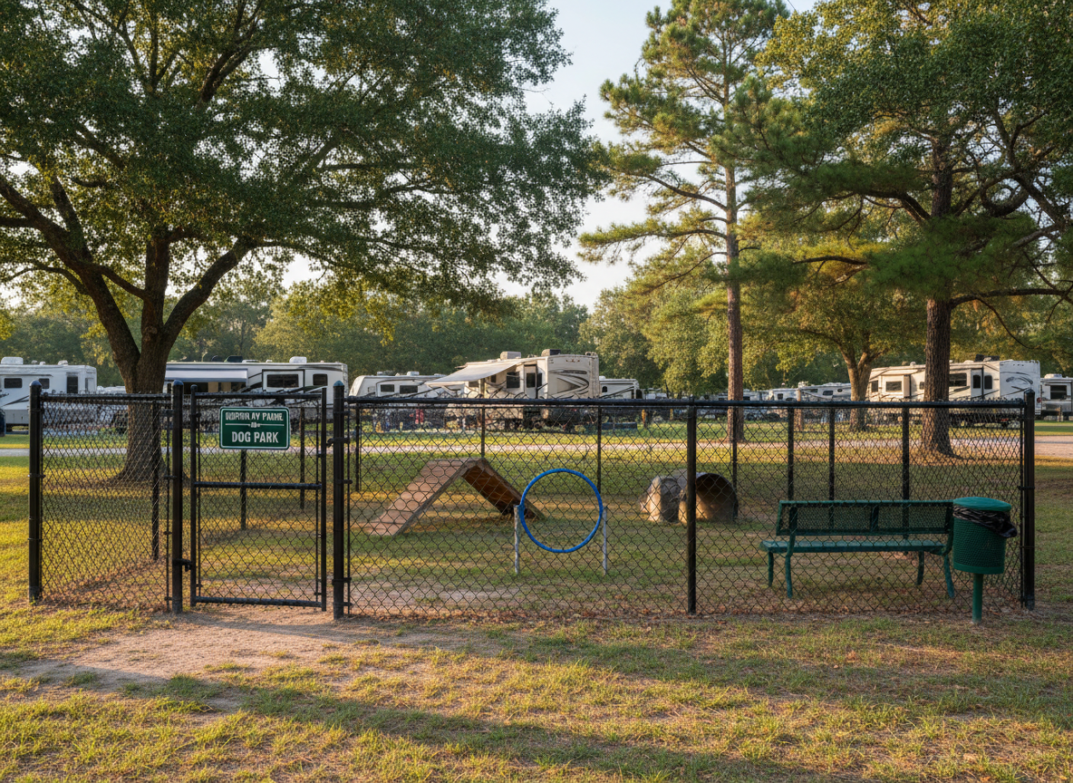 A dedicated dog park area at Hopkins RV Park, enclosed by a sturdy, black chain-link fence with a clearly visible entrance gate. Inside the fenced area, there are a few agility-style features such as low ramps and hoops, along with a pet waste station and a metal bench, all set on a mixture of short grass and compacted soil. Mature trees around the perimeter provide dappled afternoon shade, and RV sites are faintly visible in the distant background. Photographic realism with natural, slightly warm sunlight creates soft shadows and a cheerful yet calm mood. The scene is captured at eye level with sharp detail, emphasizing the pet-friendly amenities and open East Texas surroundings, without any people or animals present.