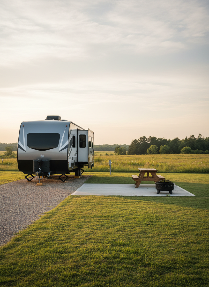 A cozy, well-maintained RV site at Hopkins RV Park in Brashear, TX, featuring a modern travel trailer neatly positioned on a level gravel pad with a concrete patio area beside it. A sturdy picnic table and metal fire ring sit on the patio, bordered by mowed grass and a backdrop of quiet East Texas pastureland and distant tree lines. Soft golden-hour light casts long, gentle shadows and a warm glow on the RV’s exterior, highlighting its clean surfaces. The composition uses the rule of thirds, with the RV slightly off-center and the countryside stretching into the background, creating a serene, spacious atmosphere. Photographic realism, natural colors, and a peaceful, professional feel with no people present.