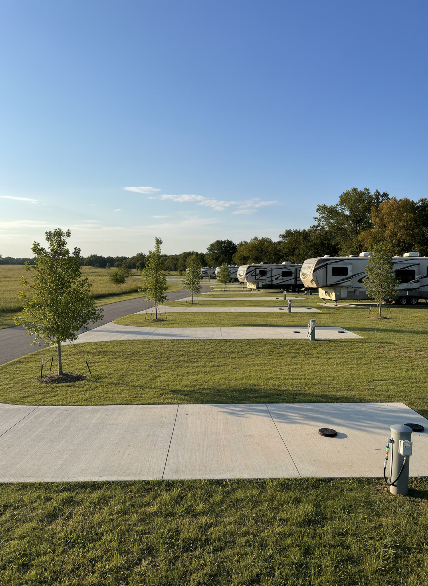 A wide, panoramic view of Hopkins RV Park’s main RV loop, showcasing several late-model RVs and fifth wheels parked on spacious full-hookup concrete pads, each with clearly visible water, sewer, and 50-amp electrical pedestals. The sites are separated by neat strips of green grass and young shade trees, surrounded by gently rolling 27-acre East Texas countryside with open fields and clusters of hardwoods. Captured in warm late-afternoon sunlight under a bright blue sky with a few soft clouds, the scene feels calm and welcoming. Shot at eye level with photographic realism, sharp focus throughout, and a balanced composition that emphasizes the peaceful rural setting just minutes from Lake Fork, with no people visible anywhere in the frame.